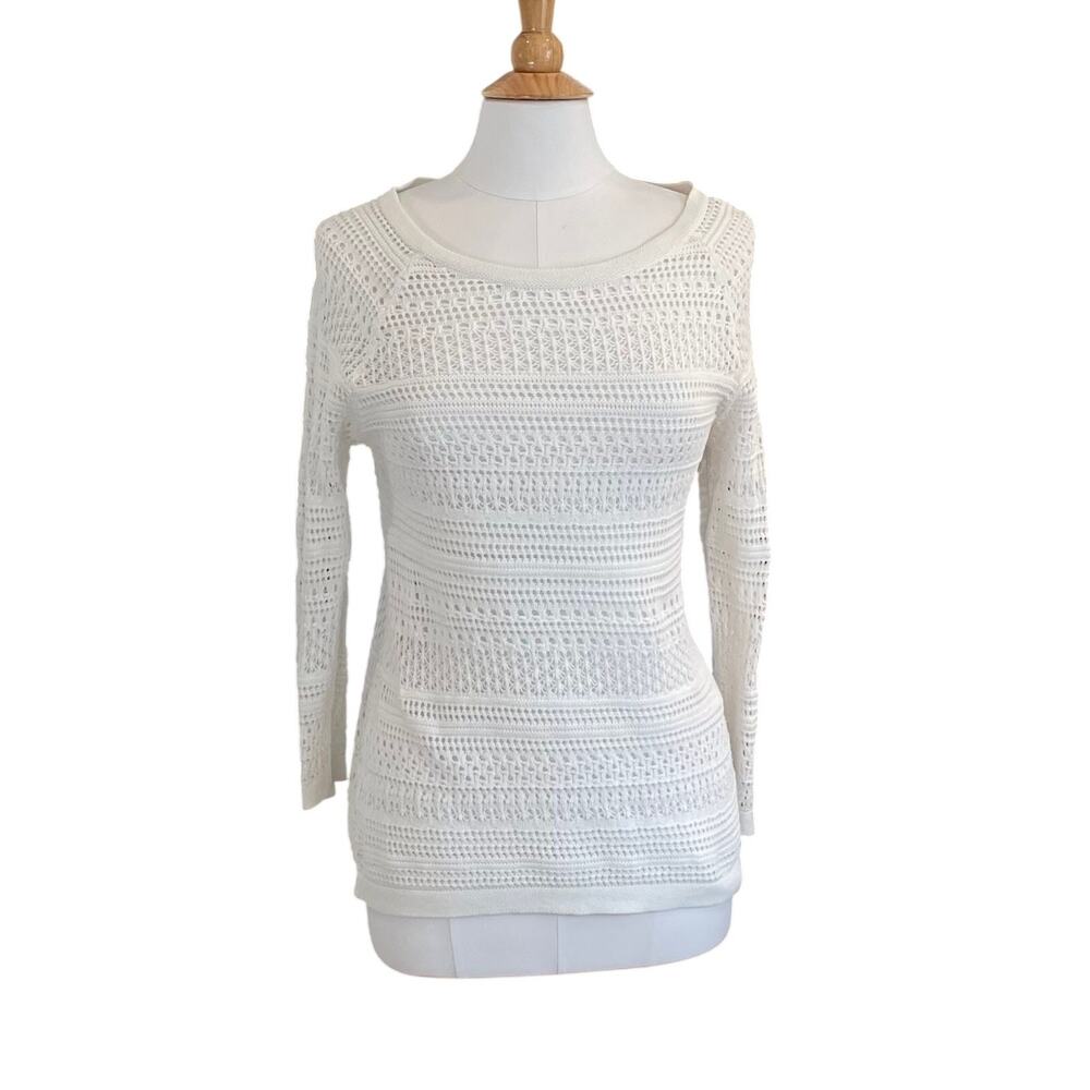 LOFT White Long Sleeve Open Knit Sweater, Round Neck, Minimalist, Coastal, M